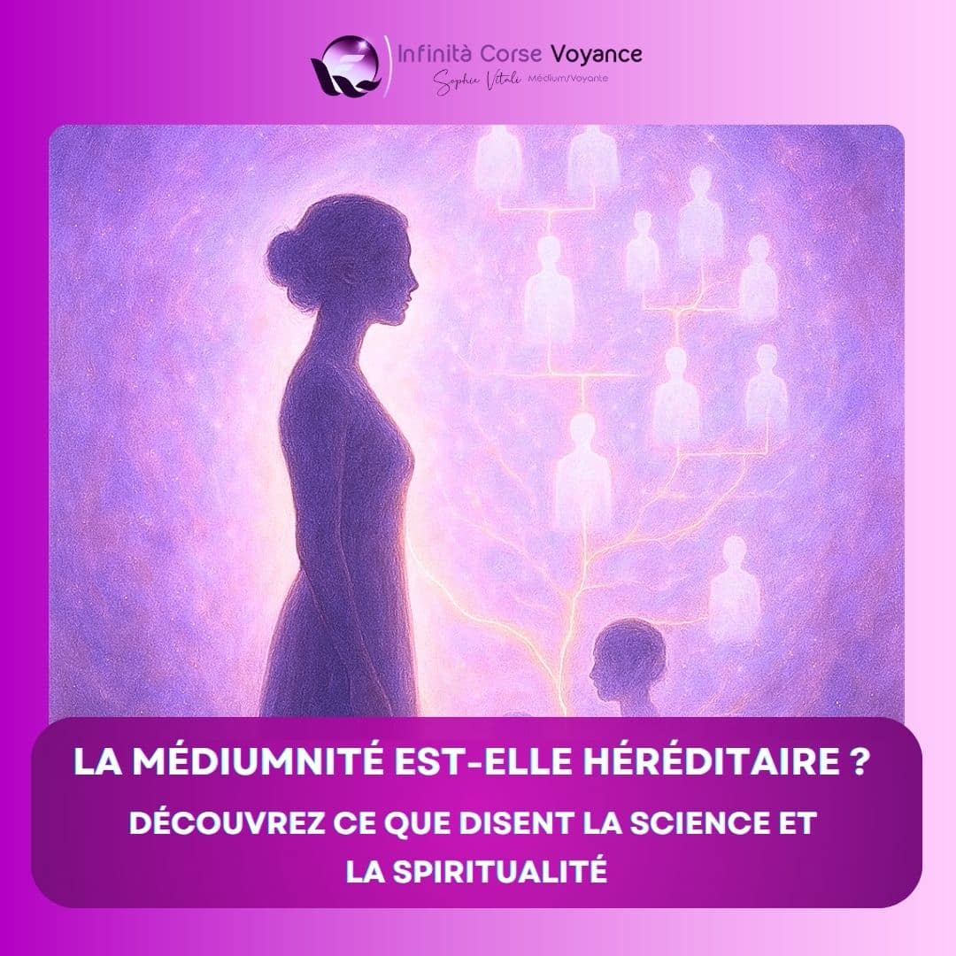 Illustration d'une femme connectée à son arbre généalogique énergétique, représentant la transmission de la médiumnité à travers les générations.