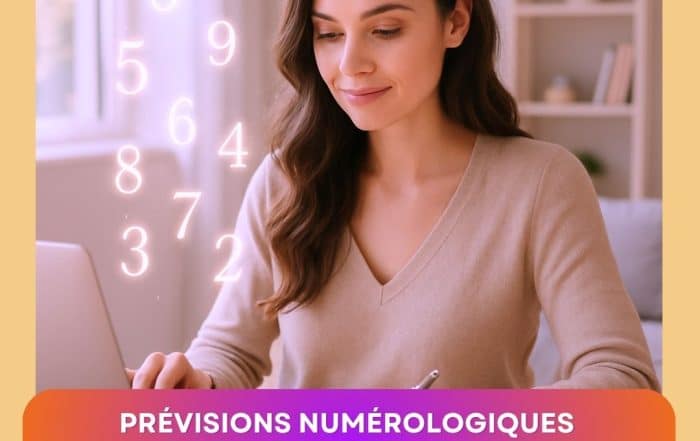 Femme concentrée devant un ordinateur, entourée de chiffres lumineux représentant la numérologie 2025, sur fond doux et lumineux – image pour les prévisions numérologiques de la rentrée