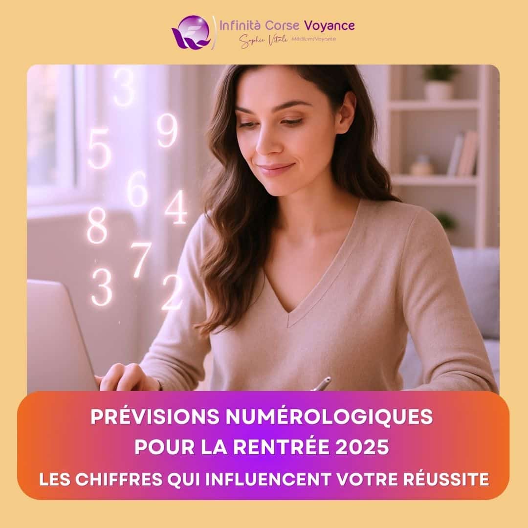 Femme concentrée devant un ordinateur, entourée de chiffres lumineux représentant la numérologie 2025, sur fond doux et lumineux – image pour les prévisions numérologiques de la rentrée