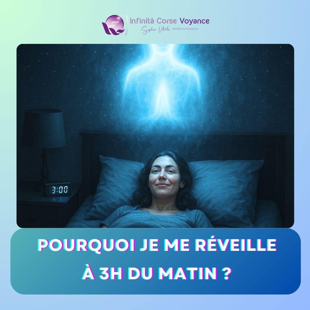 Femme allongée dans son lit à 3h du matin, observant une silhouette lumineuse spirituelle au-dessus d’elle, illustrant la signification spirituelle du réveil nocturne et la présence des guides spirituels selon Sophie Vitali, médium.