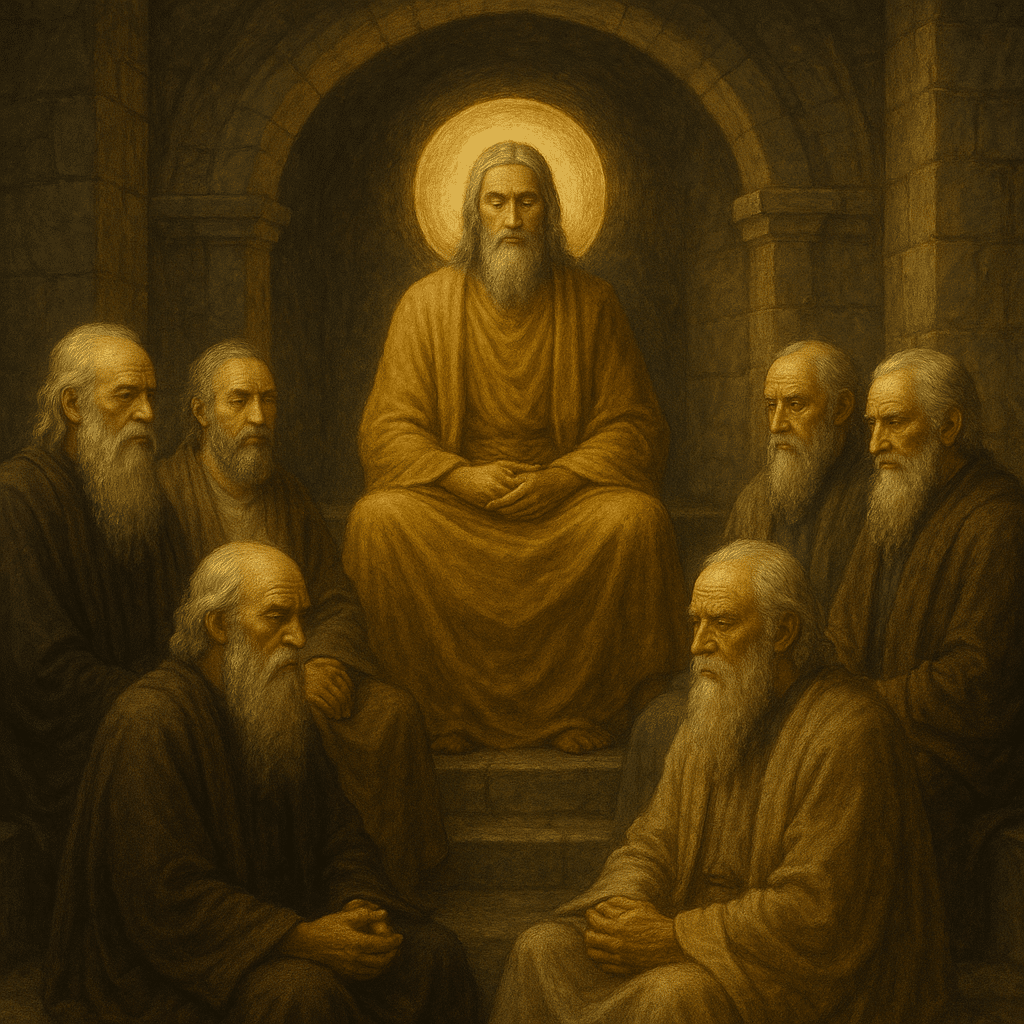 Illustration réaliste représentant le Roi du Monde entouré des Maîtres Initiés dans une salle souterraine symbolique d’Agarta, royaume spirituel légendaire