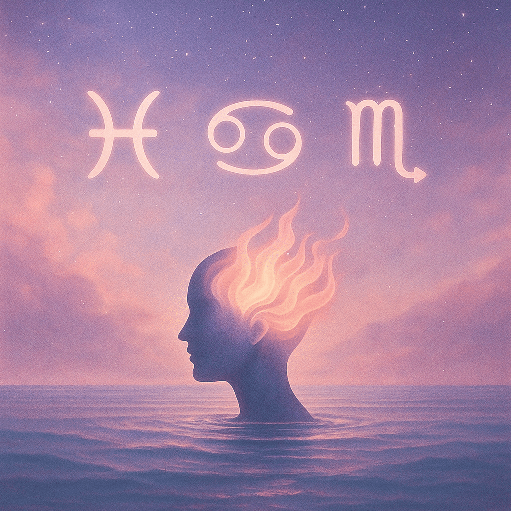 Illustration des signes astrologiques d’eau (Poissons, Cancer, Scorpion) au cœur d’un ciel pastel, avec une silhouette humaine surchargée d’énergie dans une mer paisible, symbolisant leur hypersensibilité durant l’été 2025