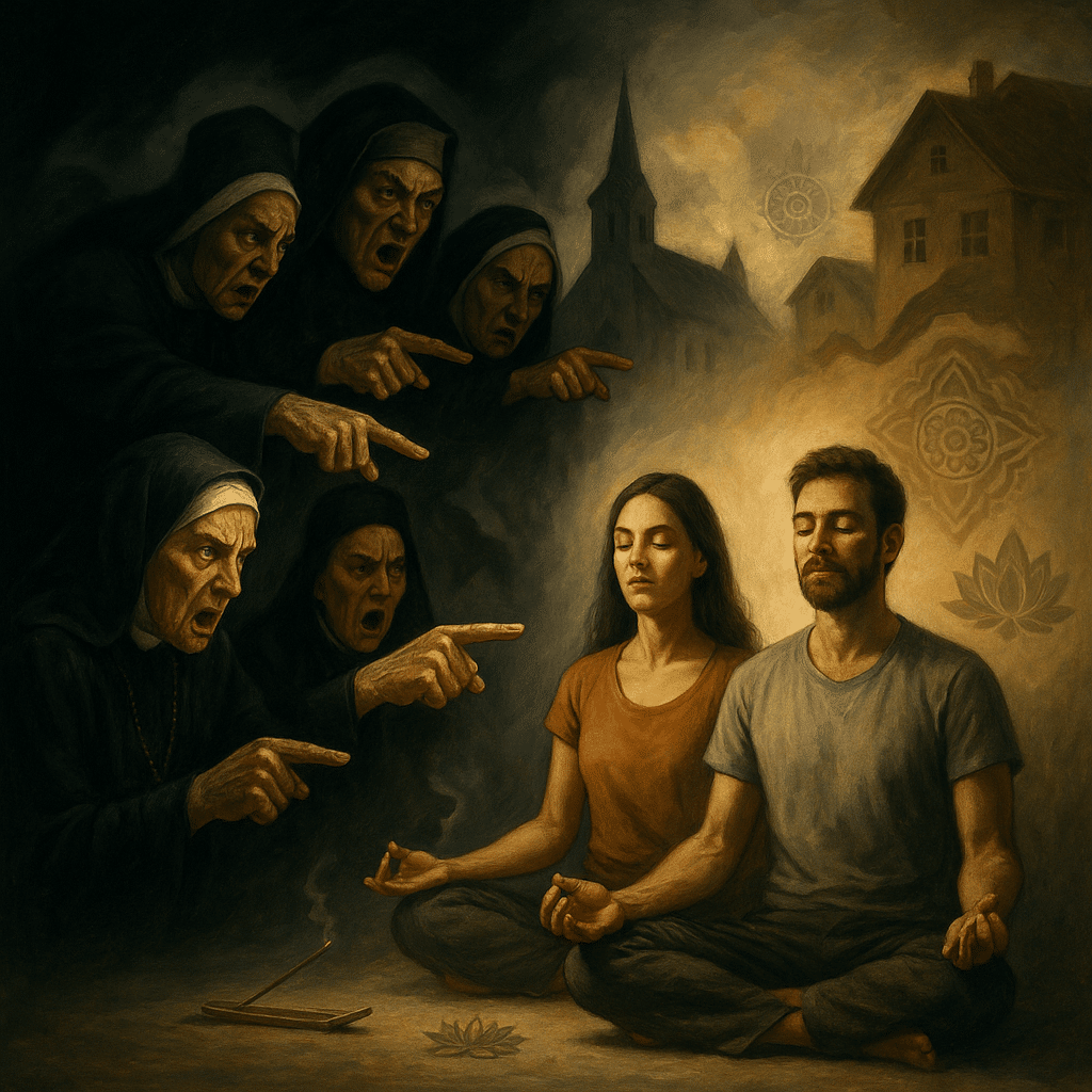 Cette illustration puissante montre un couple méditant dans le calme, pendant qu’un groupe de religieuses sombres les accuse avec virulence. Symbole visuel fort de l’édito de Sophie Vitali, cette scène évoque la condamnation du yoga, de la méditation et de la recherche spirituelle par certains courants extrémistes religieux. L’image oppose lumière intérieure et obscurantisme, paix individuelle et fanatisme collectif. Un visuel poignant sur la liberté spirituelle face à l’intolérance.