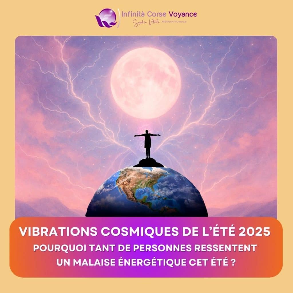 Femme debout sur la Terre, bras ouverts vers une pleine lune rose, entourée d’éclairs cosmiques, symbolisant les effets vibratoires ressentis avec l'énergie du chiffre 8 en août 2025