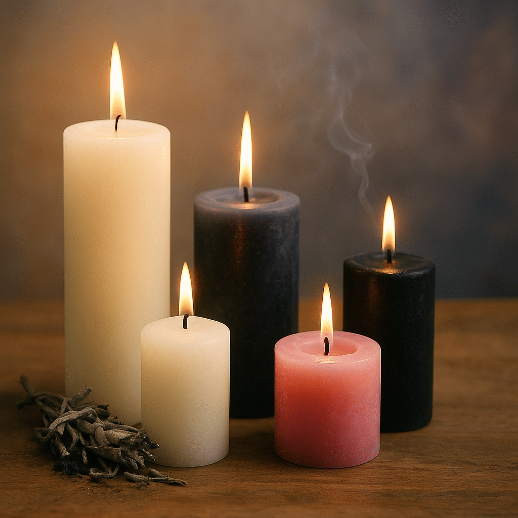 Cinq bougies de couleurs différentes (blanche, noire, rose, violette et ivoire) allumées sur une table en bois, accompagnées d’un bouquet de sauge séchée, utilisées pour des rituels spirituels de magie blanche selon leur signification énergétique.