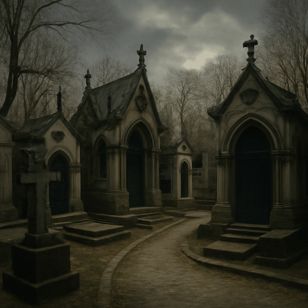 Image réaliste du cimetière du Père Lachaise à Paris, montrant des mausolées gothiques, des tombes anciennes et une allée sinueuse dans une atmosphère sombre et brumeuse