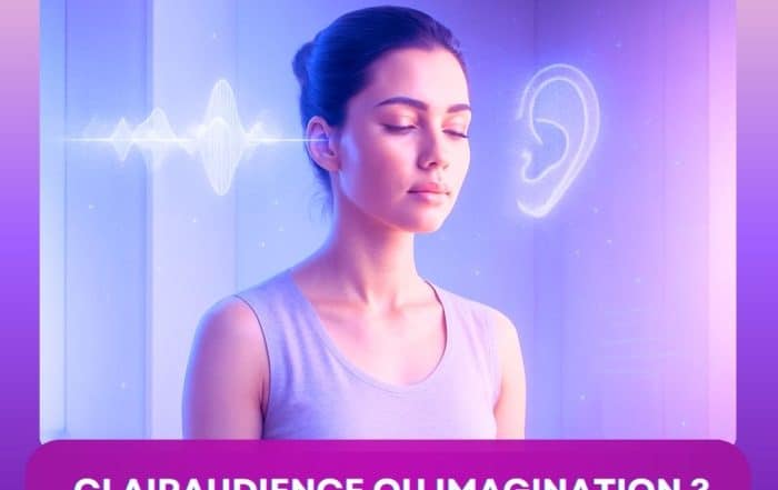 Femme méditative dans une ambiance futuriste violette avec onde sonore et oreille stylisée, illustrant la distinction entre clairaudience et imagination.