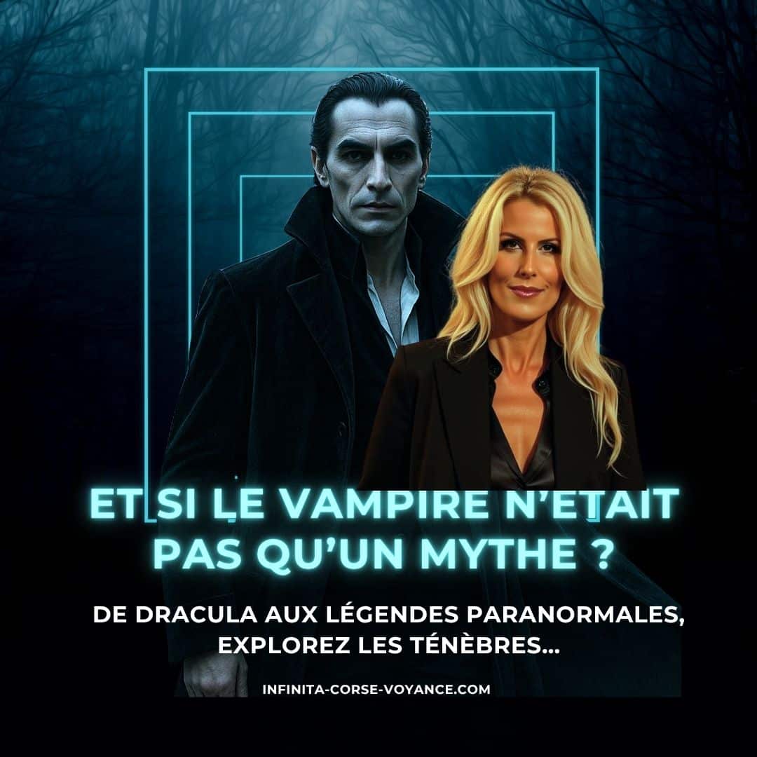 Montage illustrant Sophie Vitali et une figure moderne de Dracula dans une forêt nocturne, avec la question "Et si le vampire n'était pas qu’un mythe ?" en surimpression.