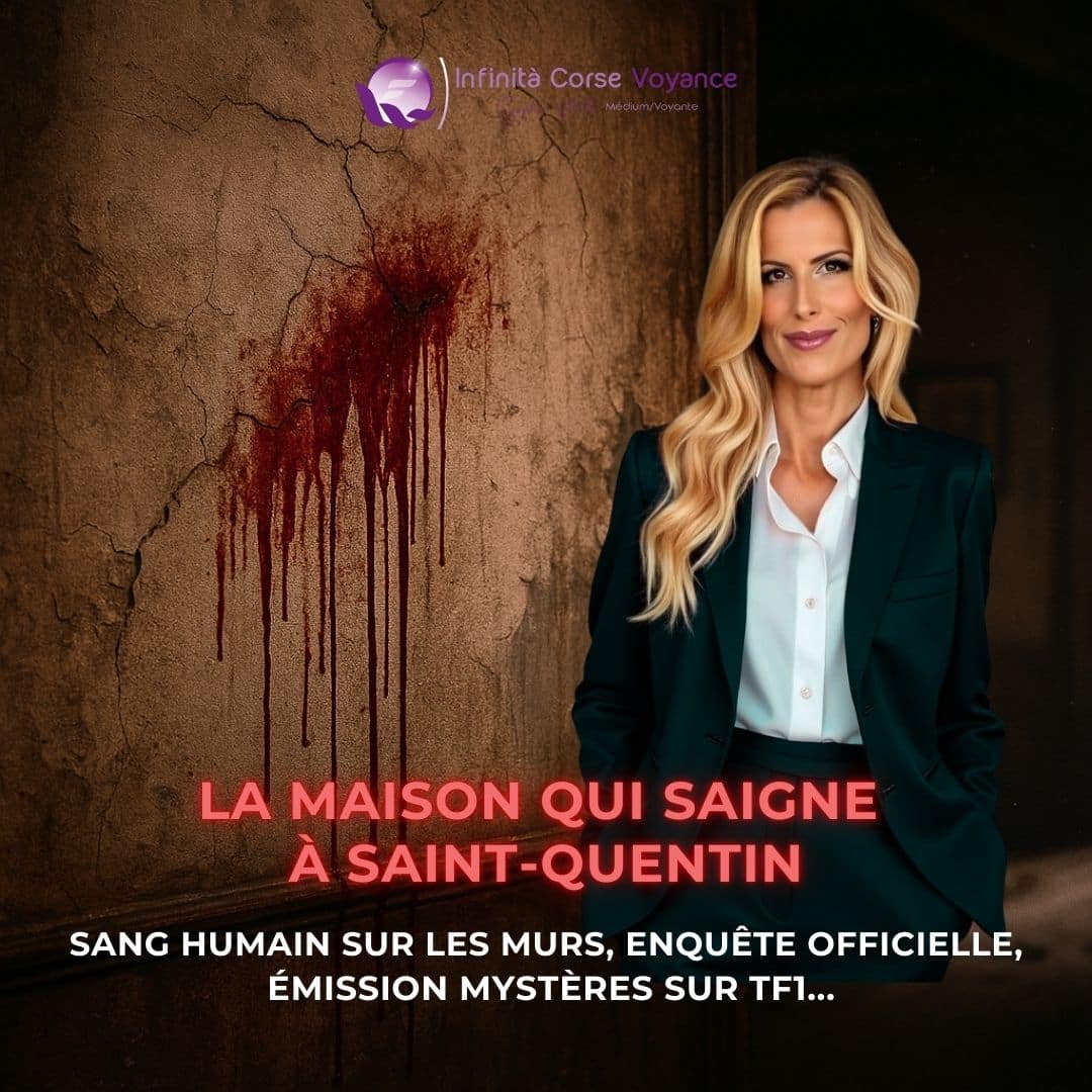 Sophie Vitali devant un mur ensanglanté évoquant l’affaire de la maison qui saigne à Saint-Quentin, célèbre fait divers paranormal présenté dans l’émission Mystères sur TF1