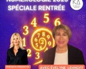 Affiche de l’émission Numérologie 2025 spéciale rentrée de Kurious Anima, présentée par Sophie Vitali avec la numérologue Evelyne Lehnoff. L’image met en avant une spirale de chiffres lumineux symbolisant l’année universelle 9 en numérologie et le thème du renouveau spirituel.