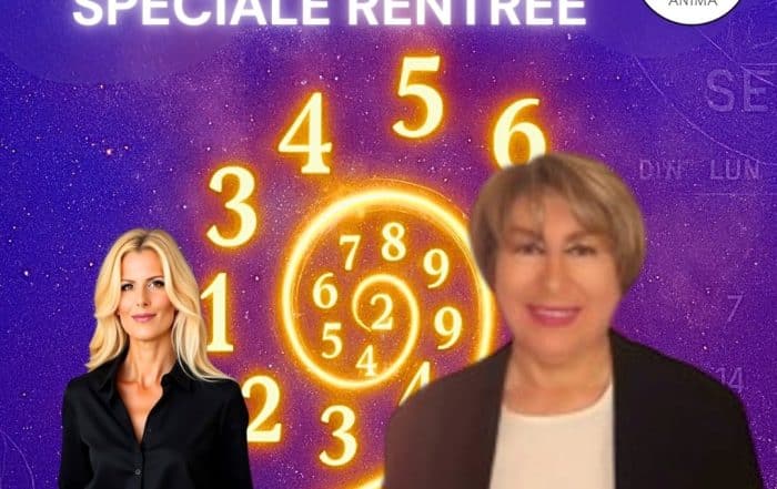 Affiche de l’émission Numérologie 2025 spéciale rentrée de Kurious Anima, présentée par Sophie Vitali avec la numérologue Evelyne Lehnoff. L’image met en avant une spirale de chiffres lumineux symbolisant l’année universelle 9 en numérologie et le thème du renouveau spirituel.