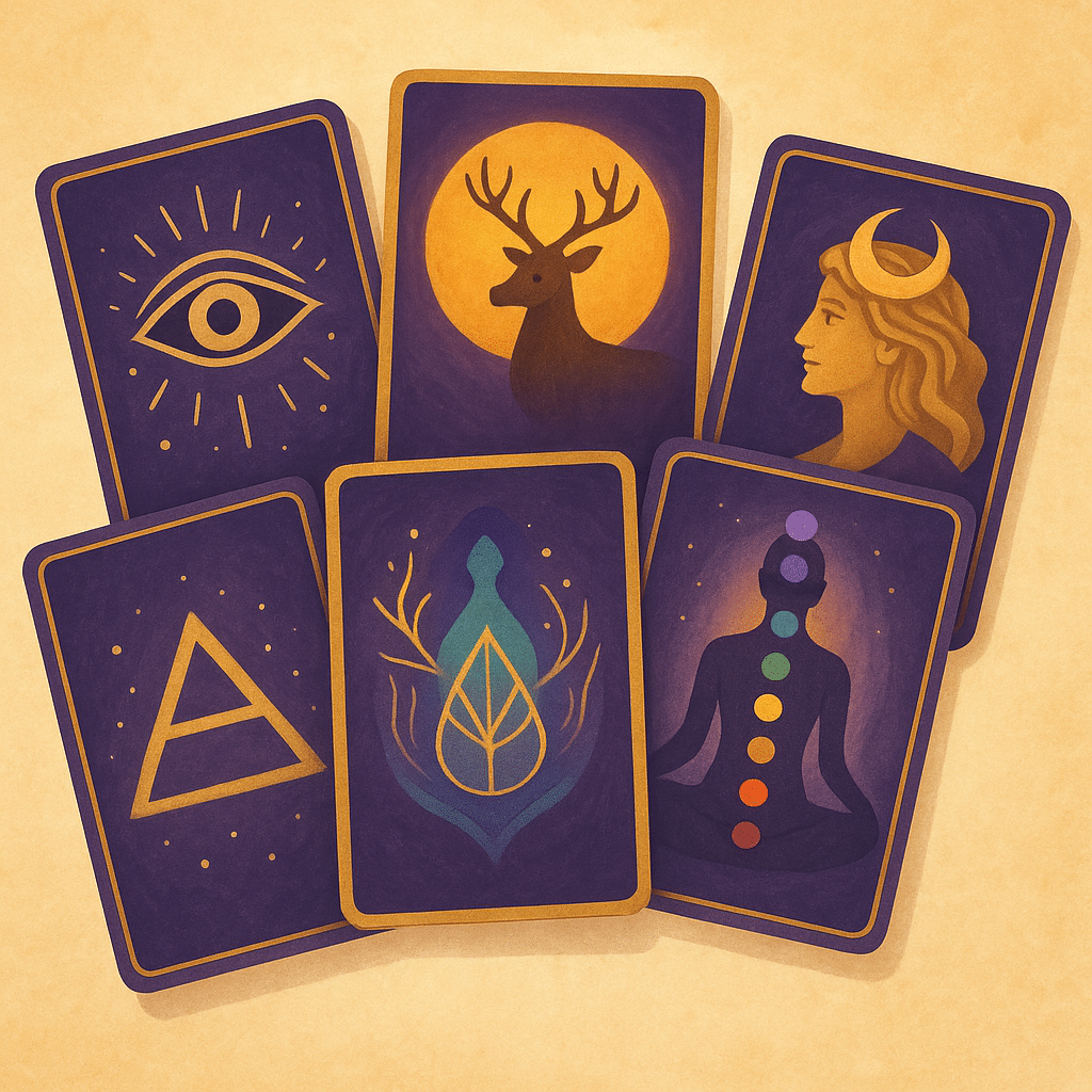 Illustration de cinq cartes d’oracle représentant les principaux types : oracle intuitif, symbolique, chamanique, énergétique et mythologique, sur fond parchemin