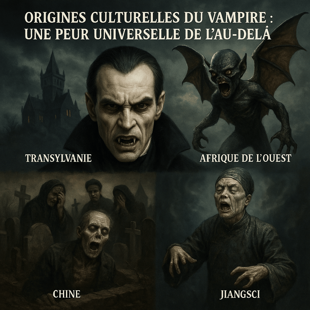 Illustration ultra réaliste des vampires à travers les cultures du monde : Dracula de Transylvanie, créature Asasabonsam d’Afrique de l’Ouest, Jiangshi chinois et scène de cimetière des Balkans