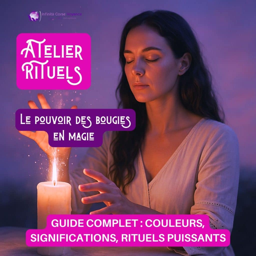 Femme méditant devant une bougie allumée lors d’un atelier rituel, illustrant la magie des bougies, leurs couleurs et significations, dans un guide spirituel de Sophie Vitali.