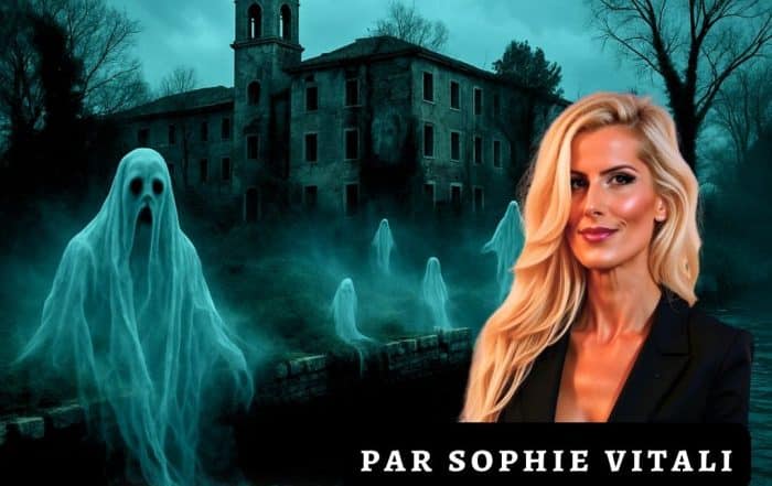 Apparitions de fantômes sur l’île de Poveglia, Italie, avec le manoir abandonné en arrière-plan et Sophie Vitali, médium spécialiste des lieux hantés