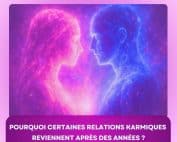 Deux âmes lumineuses représentant un lien karmique intemporel, connectées dans une aura rose, bleue et violette
