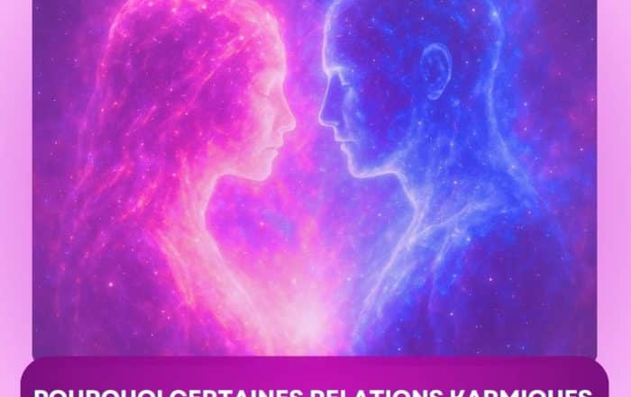 Deux âmes lumineuses représentant un lien karmique intemporel, connectées dans une aura rose, bleue et violette