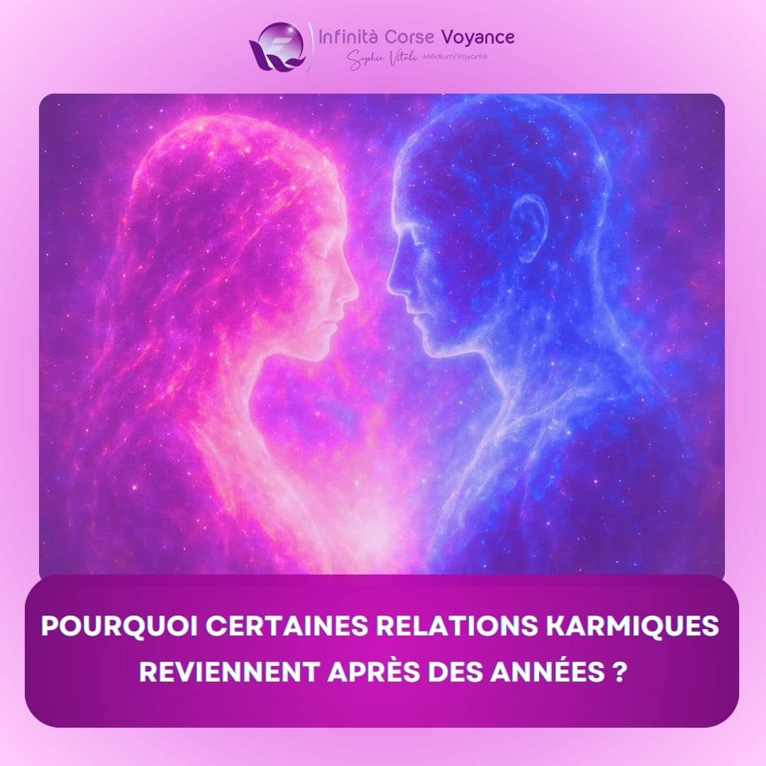 Deux âmes lumineuses représentant un lien karmique intemporel, connectées dans une aura rose, bleue et violette