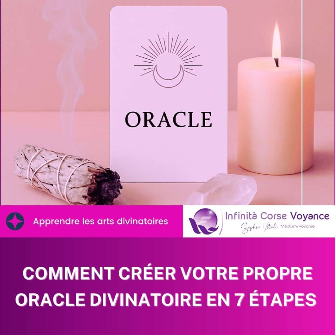 Carte oracle, bougie allumée, encens et cristal pour un rituel de création divinatoire sur fond rose spirituel — Infinita Corse Voyance.