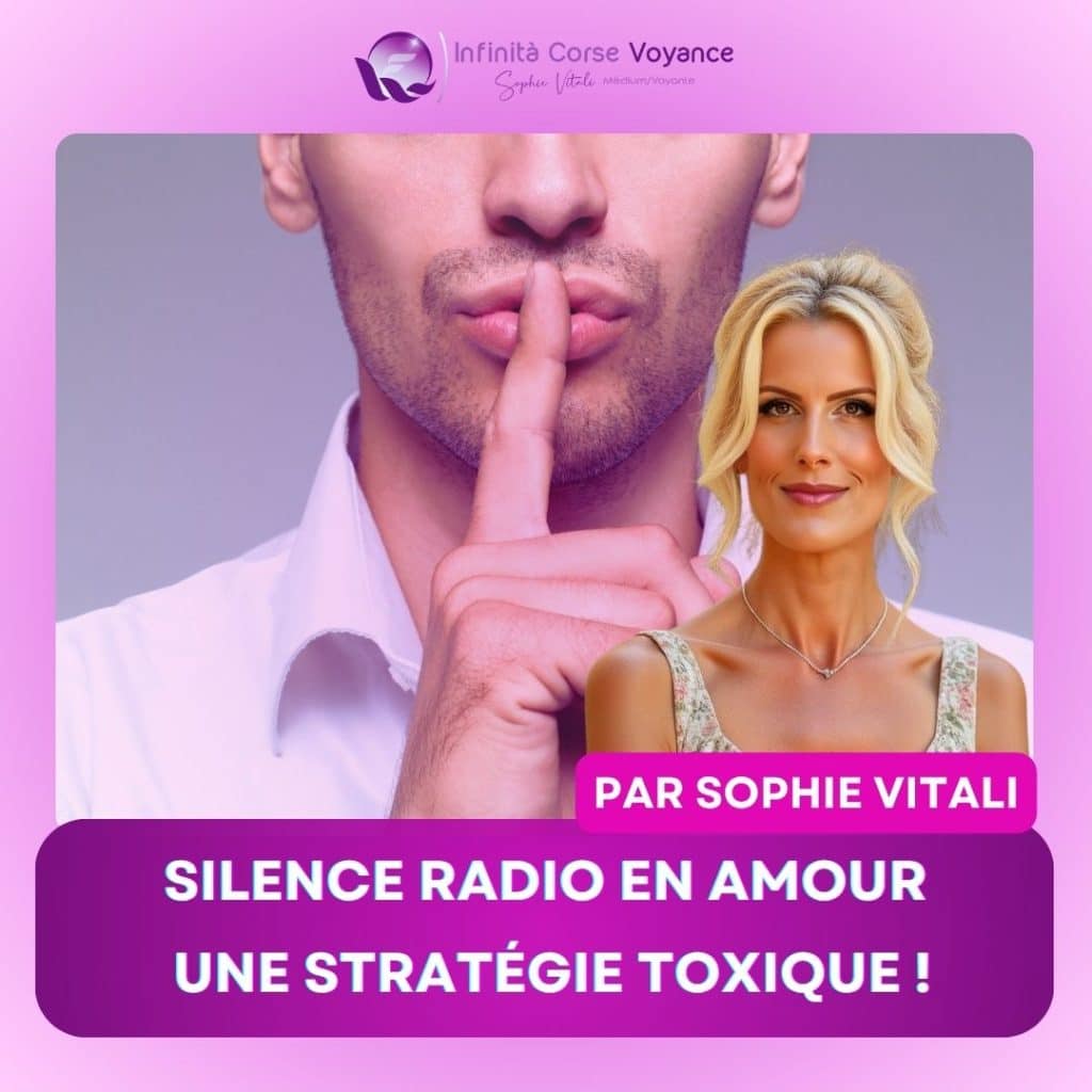 Portrait de Sophie Vitali et d’un homme en silence avec un doigt sur la bouche, illustrant le silence radio en amour comme stratégie toxique