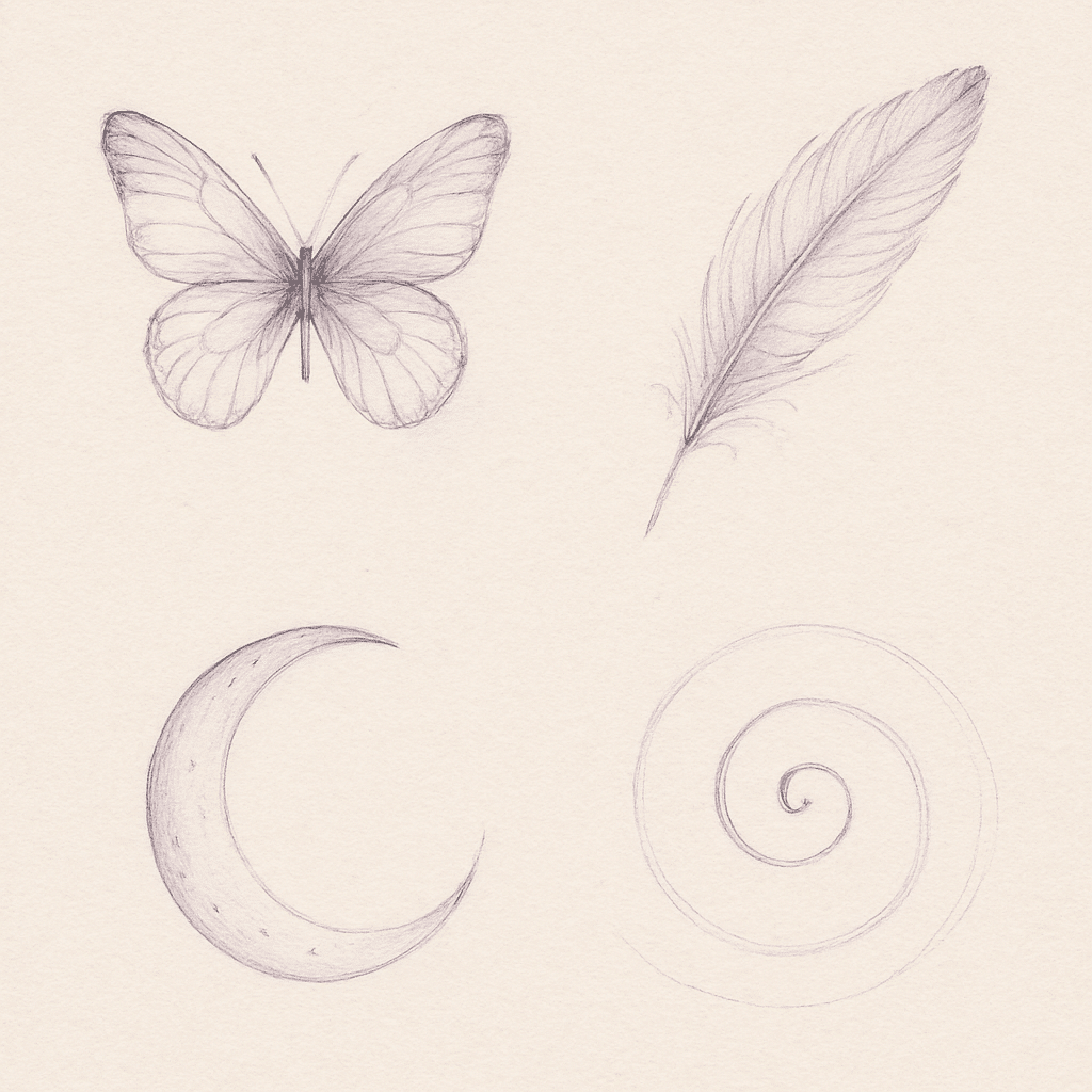 Dessin au crayon de symboles ésotériques — papillon, plume, lune et spirale — sur papier écru, pour oracle spirituel personnalisé.