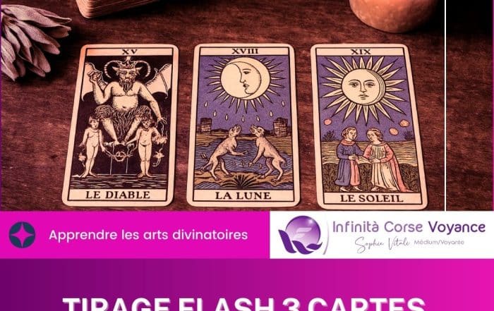 Tirage flash 3 cartes avec le Diable, la Lune et le Soleil, accompagné d’une bougie et d’un jeu de tarot, méthode de voyance rapide et intuitive présentée par Sophie Vitali sur Infinita Corse Voyance