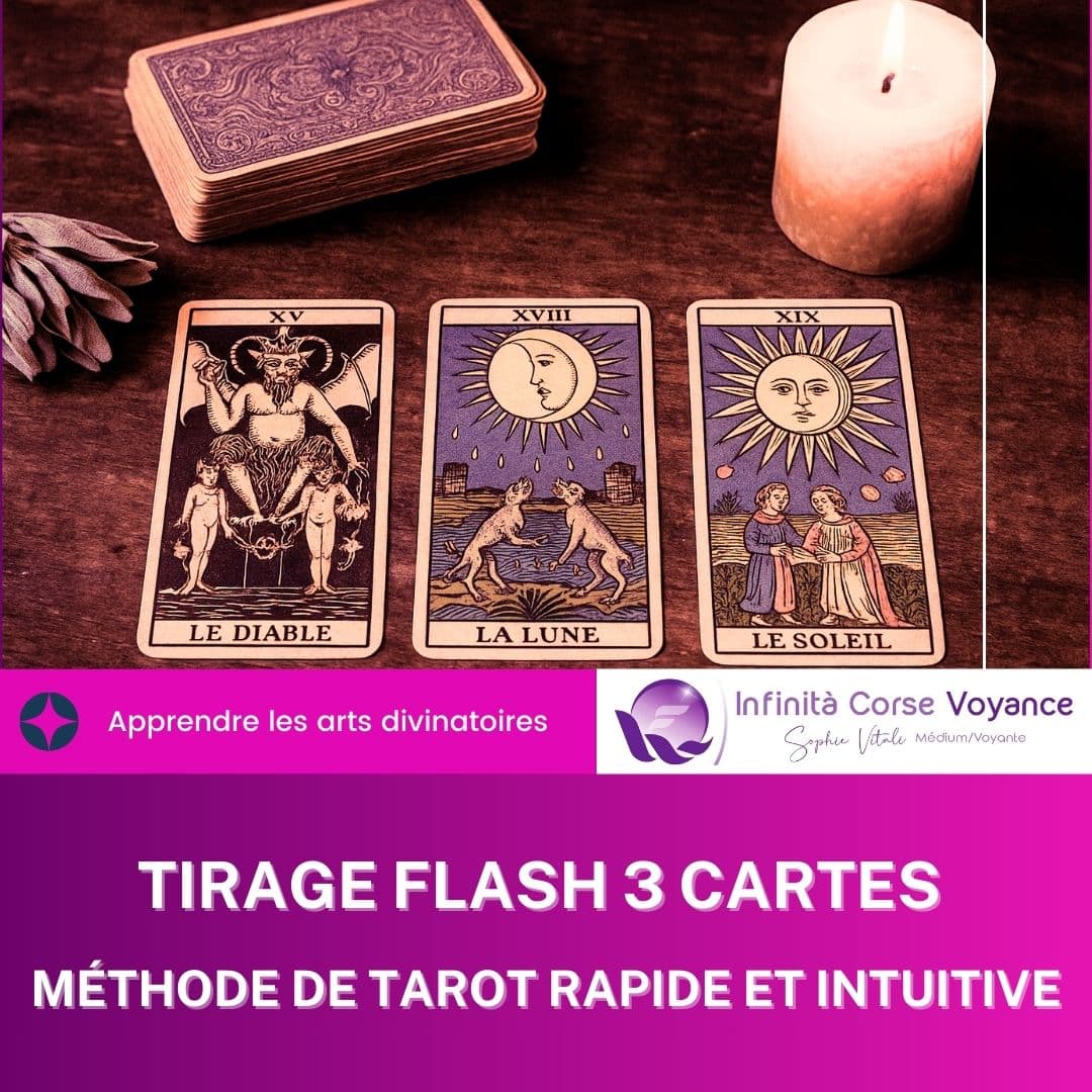 Tirage flash 3 cartes avec le Diable, la Lune et le Soleil, accompagné d’une bougie et d’un jeu de tarot, méthode de voyance rapide et intuitive présentée par Sophie Vitali sur Infinita Corse Voyance