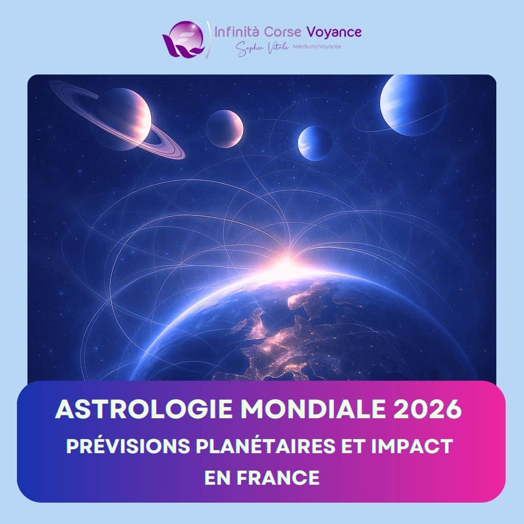 Visuel astrologique illustrant la Terre et les planètes en 2026 avec le logo d’Infinita Corse Voyance et le titre “Astrologie mondiale 2026 – Prévisions planétaires et impact en France”