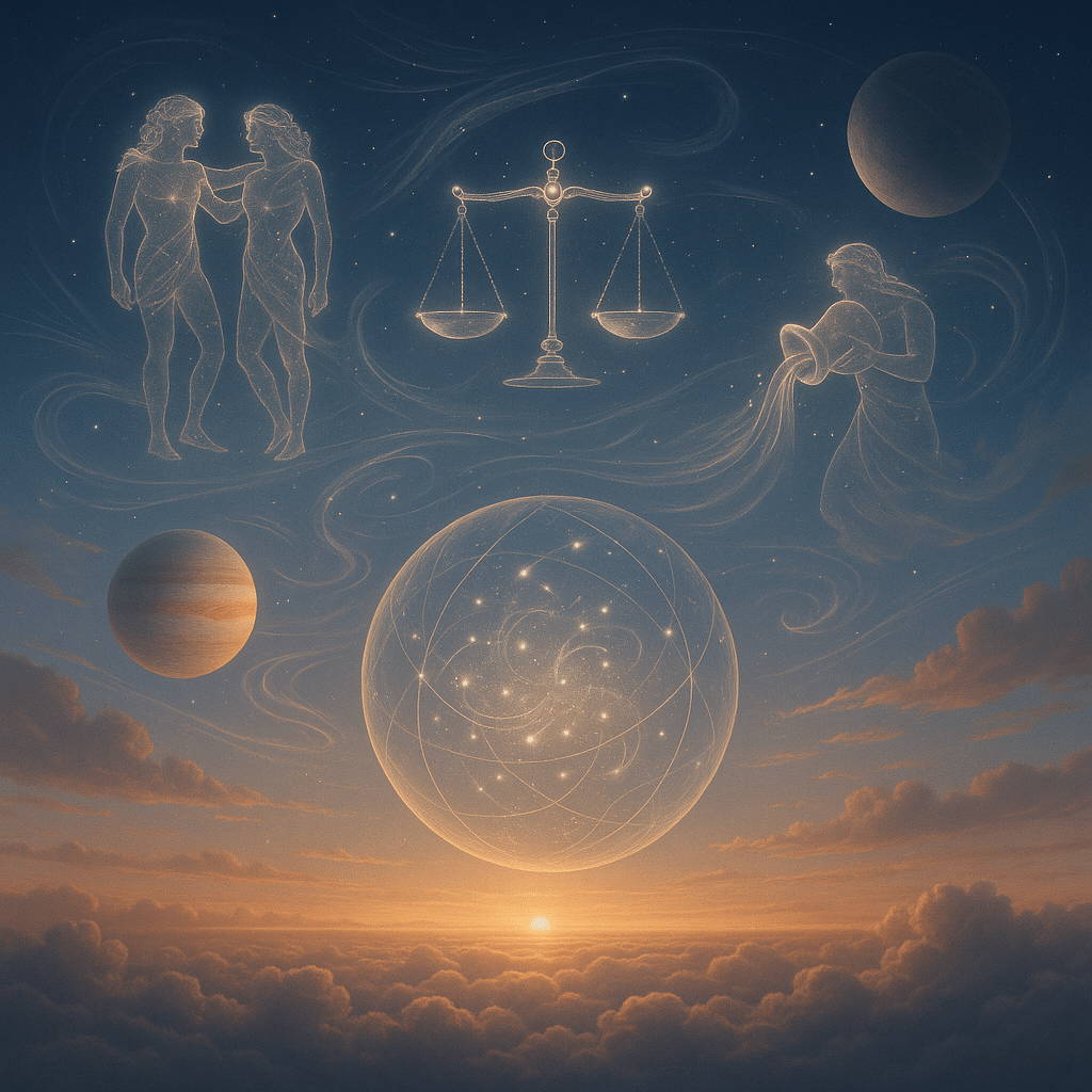 Illustration astrologique des signes d’Air – Gémeaux, Balance et Verseau – sur fond céleste en 2026, avec symboles cosmiques, constellations et planètes en arrière-plan