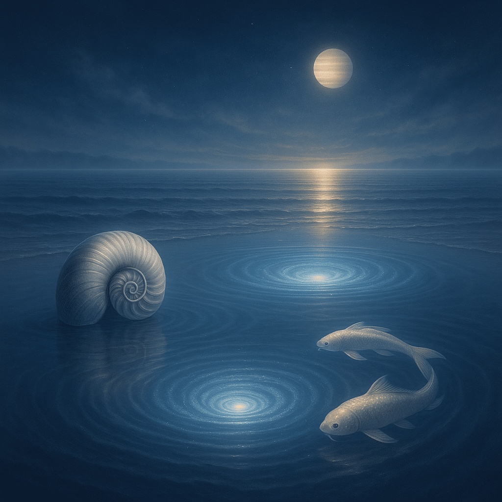 Illustration astrologique ultra réaliste représentant les signes d’Eau – Cancer, Scorpion, Poissons – à travers des symboles aquatiques sous la lumière de Jupiter en 2026