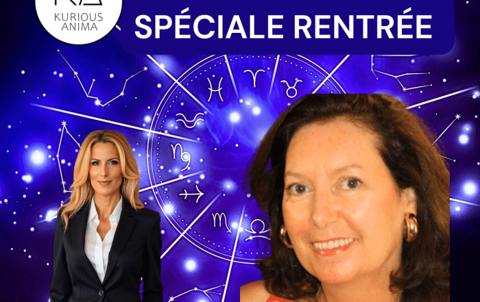 Affiche de l’émission astrologique spéciale rentrée 2025 animée par Sophie Vitali avec l’astrologue Joyce Duval sur la chaîne Kurious Anima, fond zodiacal violet avec signes astrologiques.