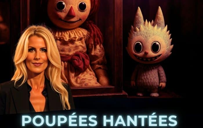 Portrait de Sophie Vitali devant la vraie poupée Annabelle enfermée dans une vitrine et un Labubu, dans une ambiance mystérieuse liée aux phénomènes paranormaux.