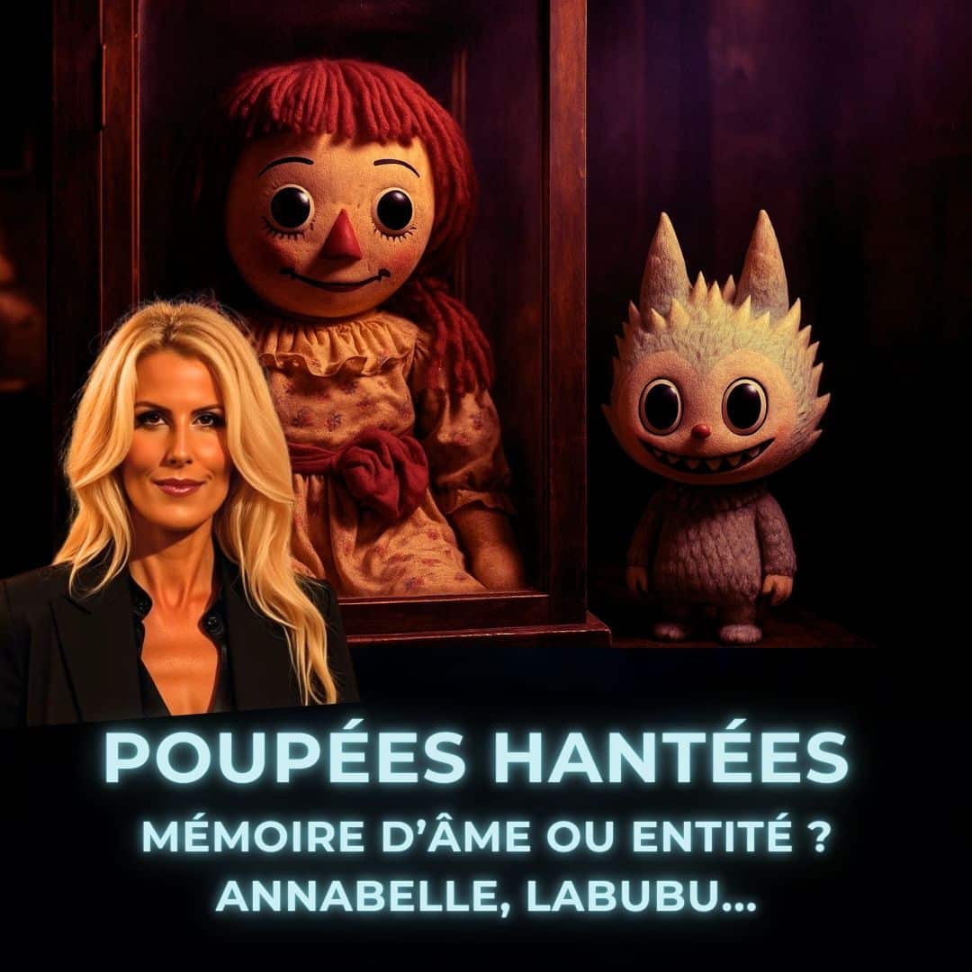 Portrait de Sophie Vitali devant la vraie poupée Annabelle enfermée dans une vitrine et un Labubu, dans une ambiance mystérieuse liée aux phénomènes paranormaux.