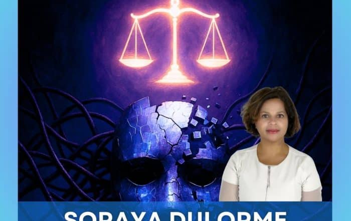 Illustration de Soraya Dulorme soutenue par l’UPAD, représentant la justice face au harcèlement numérique, diffamation et fausses accusations d’arnaques en ligne.