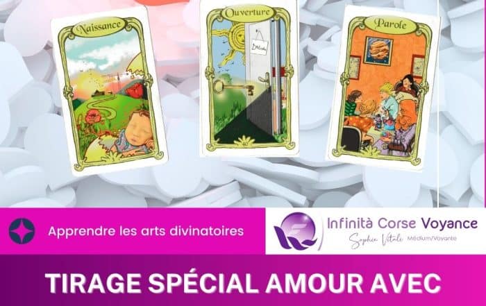 Trois cartes de l’Oracle des Miroirs – Naissance, Ouverture, Parole – illustrant un tirage sentimental sur fond de cœurs, image du blog de voyance de Sophie Vitali.