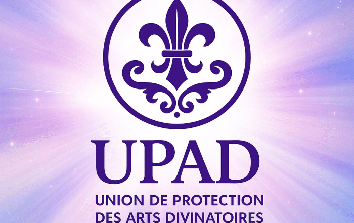 Image de l’Union de Protection des Arts Divinatoires (UPAD), avec logo violet au centre, sur fond spirituel lumineux, symbole de voyance éthique et de protection des praticiens.