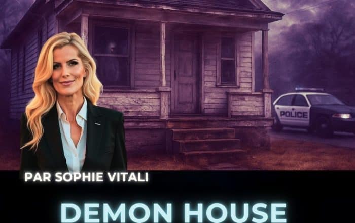 Image illustrant l’affaire Demon House : maison hantée de Gary (Indiana), silhouette fantomatique visible à la fenêtre, voiture de police en arrière-plan, et portrait de Sophie Vitali, médium experte du paranormal.