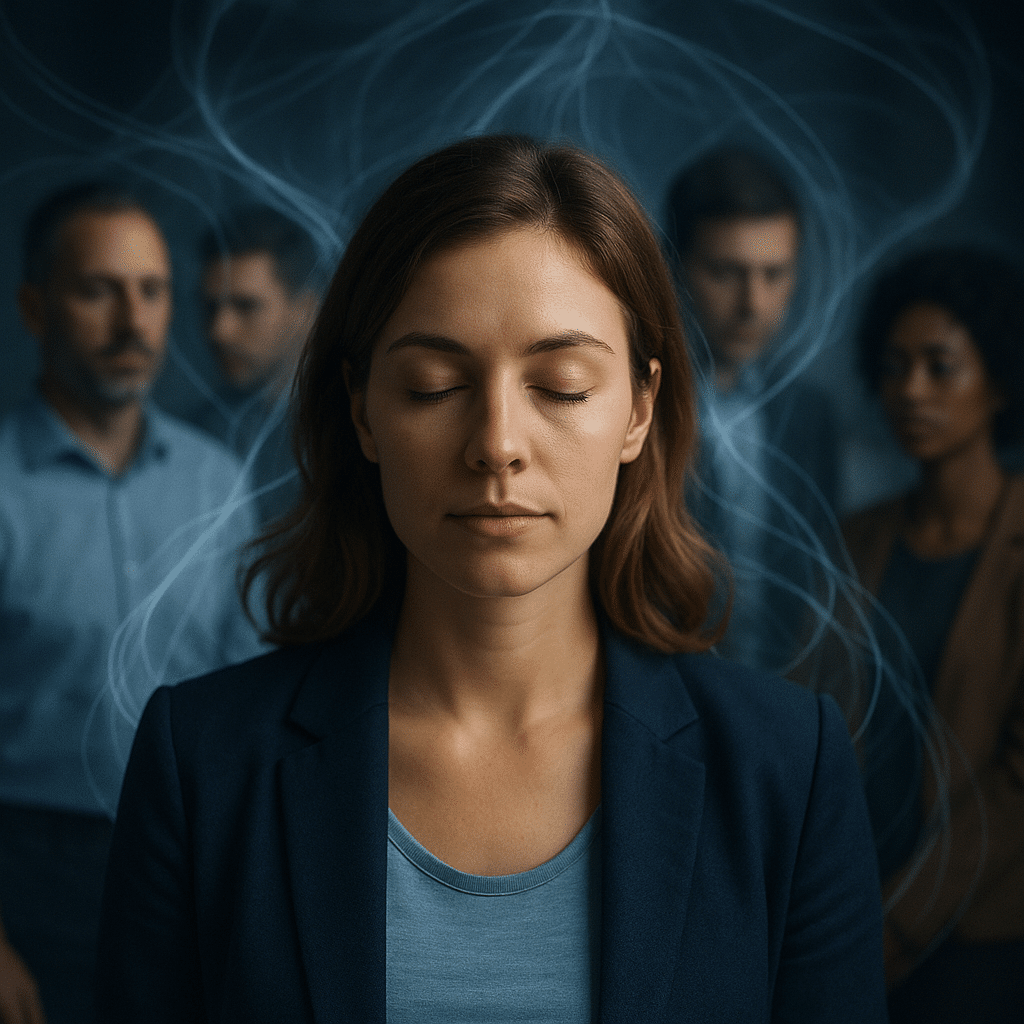 Femme les yeux fermés au centre d’un groupe, visualisation d’un champ énergétique symbolisant l’égrégore et l’influence collective invisible