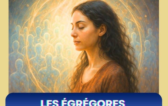 Femme méditant entourée de silhouettes lumineuses symbolisant les égrégores et les énergies collectives invisibles