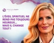Portrait de Sophie Vitali avec un message sur l’éveil spirituel et ses effets, accompagné d’un design spirituel en violet, rose et bleu.