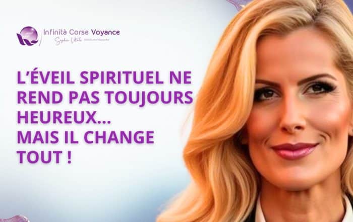 Portrait de Sophie Vitali avec un message sur l’éveil spirituel et ses effets, accompagné d’un design spirituel en violet, rose et bleu.