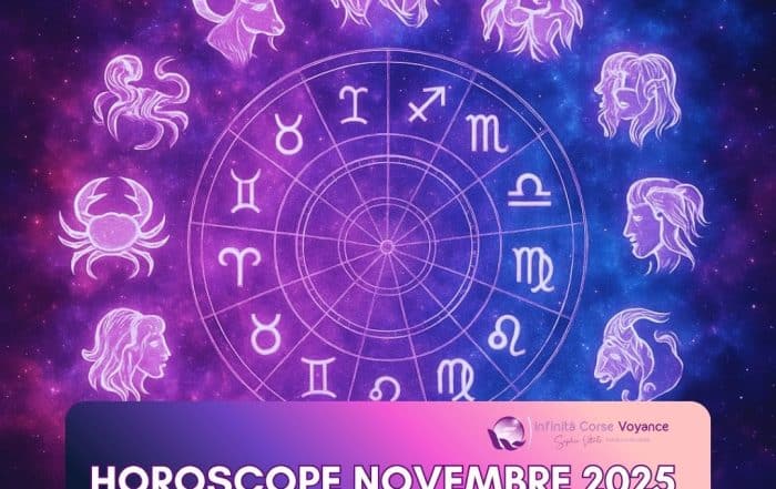Illustration astrologique représentant les 12 signes du zodiaque entourant une roue céleste pour l’horoscope de novembre 2025 complet et détaillé sur le blog de Sophie Vitali, Infinita Corse Voyance.