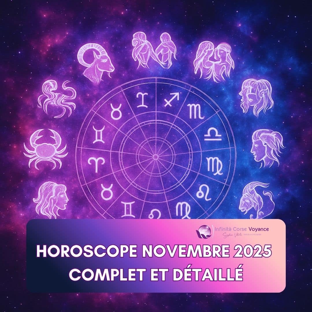 Illustration astrologique représentant les 12 signes du zodiaque entourant une roue céleste pour l’horoscope de novembre 2025 complet et détaillé sur le blog de Sophie Vitali, Infinita Corse Voyance.