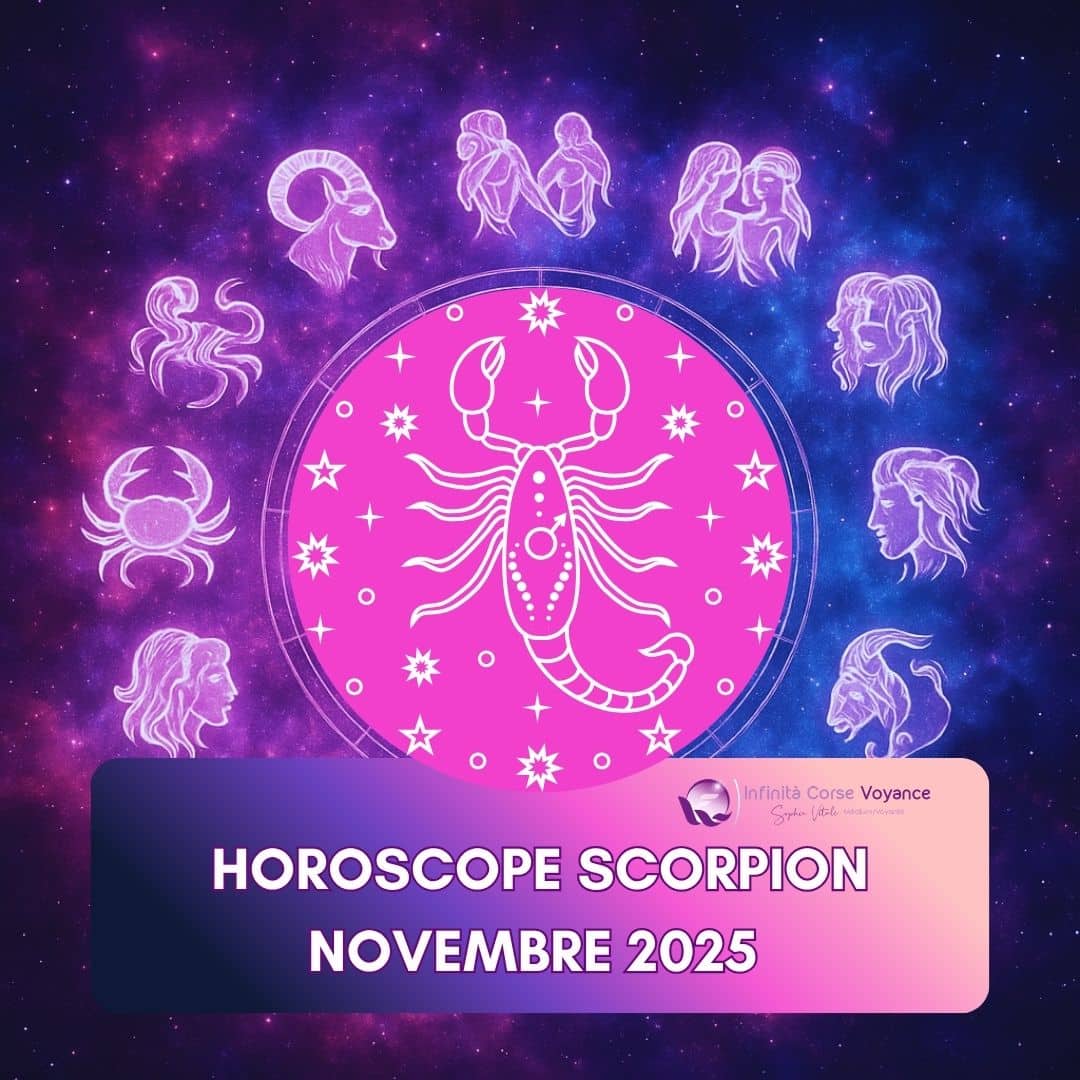 Illustration du signe Scorpion sur fond céleste pour l’horoscope novembre 2025 – Infinità Corse Voyance