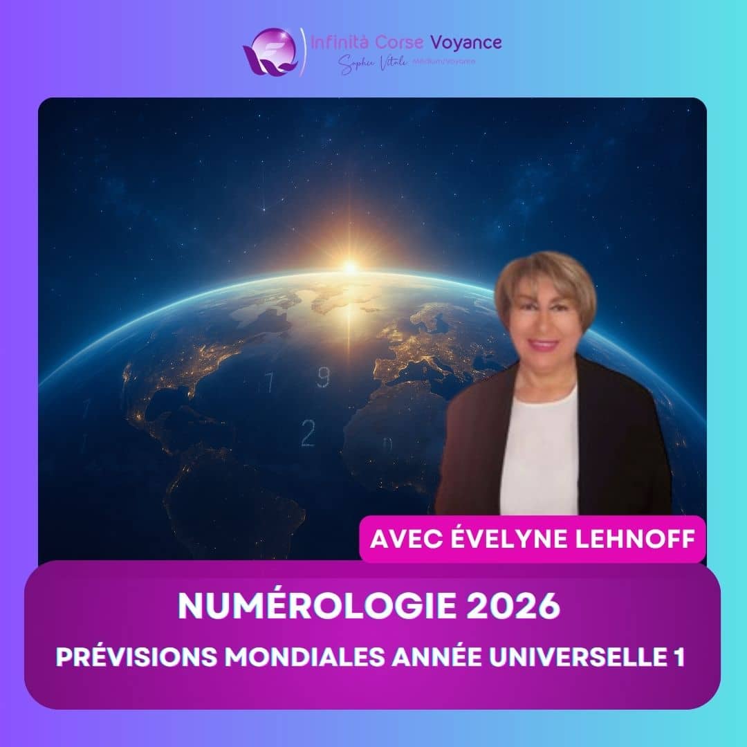 Portrait d’Évelyne Lehnoff devant la planète Terre à l’aube, illustrant les prévisions numérologiques mondiales pour l’année universelle 1 en 2026
