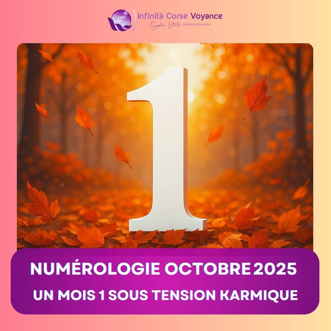 Chiffre 1 au centre d’une forêt d’automne lumineuse, illustrant la vibration du mois 1 en numérologie d’octobre 2025 selon le blog de Sophie Vitali