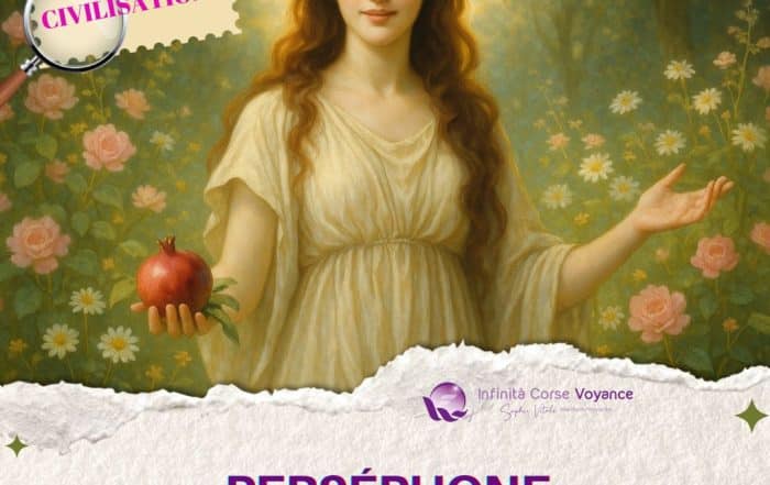 Représentation lumineuse de Perséphone, déesse grecque de l’ombre et guide de l’éveil, tenant une grenade symbole des Enfers, au cœur d’un jardin fleuri, incarnant la dualité lumière/obscurité et le cycle de transformation intérieure.