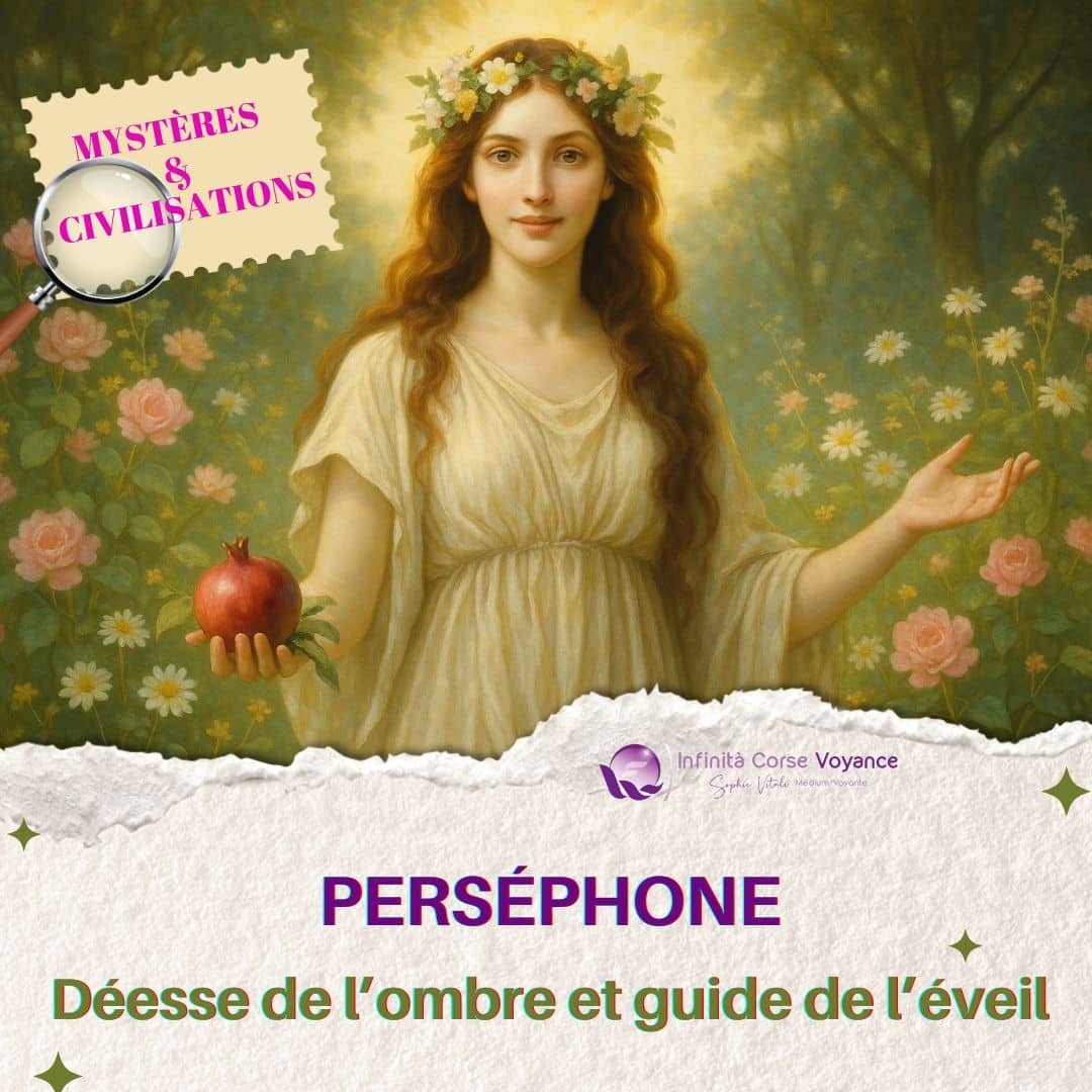 Représentation lumineuse de Perséphone, déesse grecque de l’ombre et guide de l’éveil, tenant une grenade symbole des Enfers, au cœur d’un jardin fleuri, incarnant la dualité lumière/obscurité et le cycle de transformation intérieure.