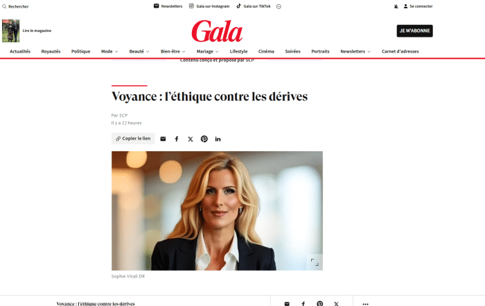 Sophie Vitali, médium et présidente de l’UPAD, photographiée à l’occasion de sa mise à l’honneur sur Gala.fr pour son engagement en faveur d’une voyance éthique, transparente et respectueuse des consultants en France.