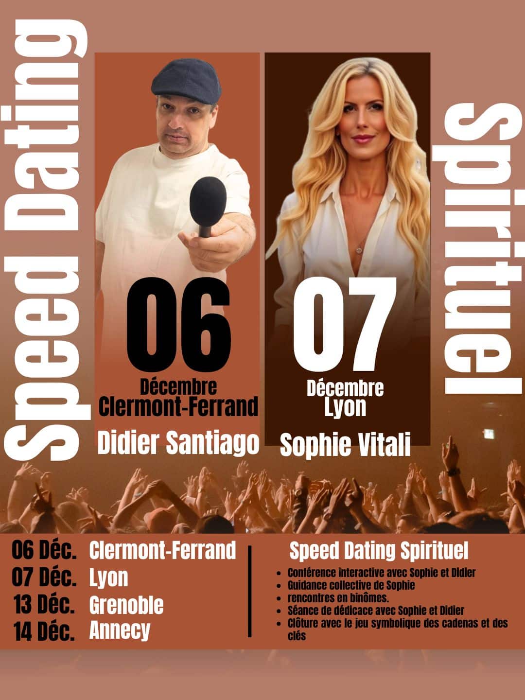 Affiche de l’événement Speed Dating Spirituel à Clermont-Ferrand et Lyon en décembre 2025 avec Didier Santiago et Sophie Vitali